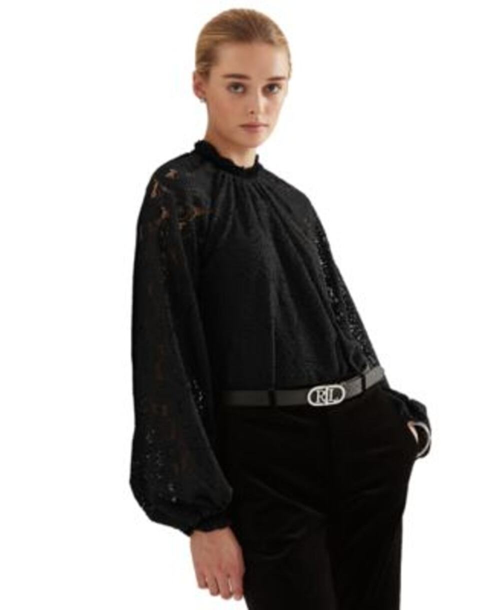 Lauren Ralph Lauren Women's Black Lace Paisley Blouse, Long Sleeve, High Neck, S